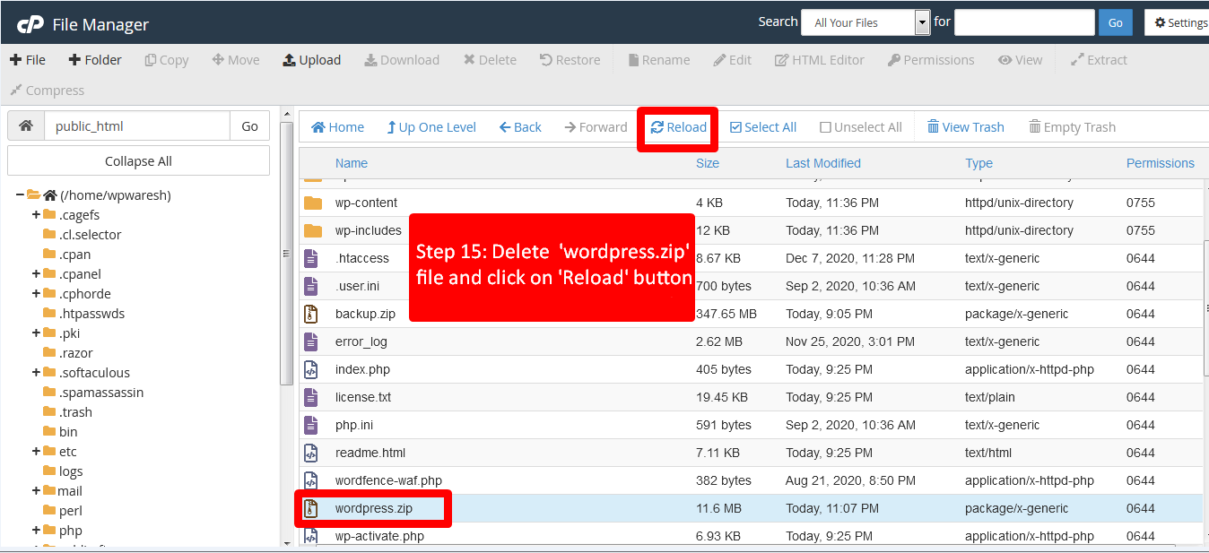 how to delete zip files from cPanel