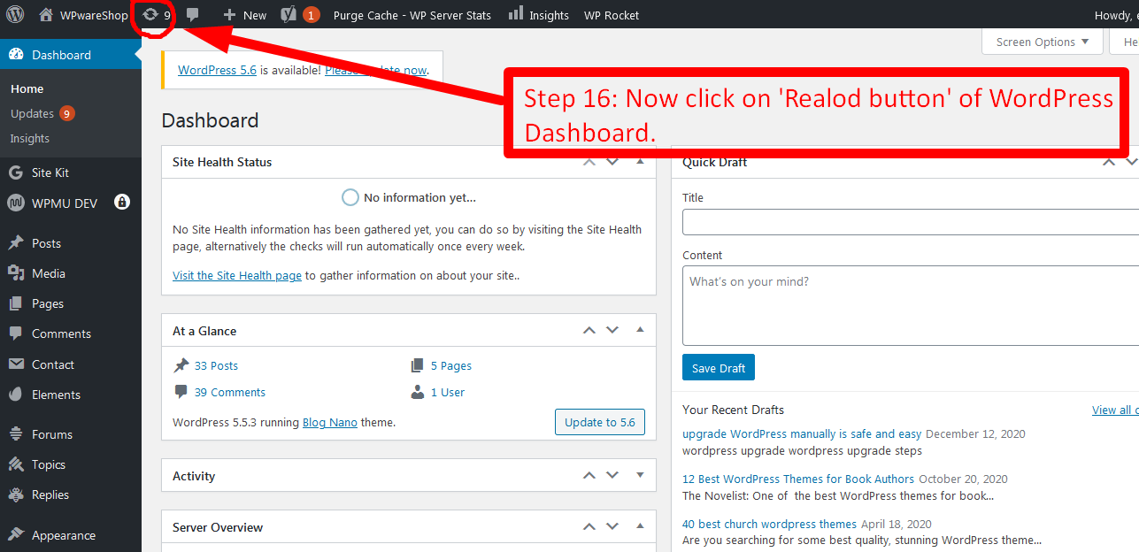 how to reload WordPress dashboard