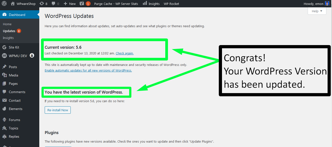 WordPress upgrade success message