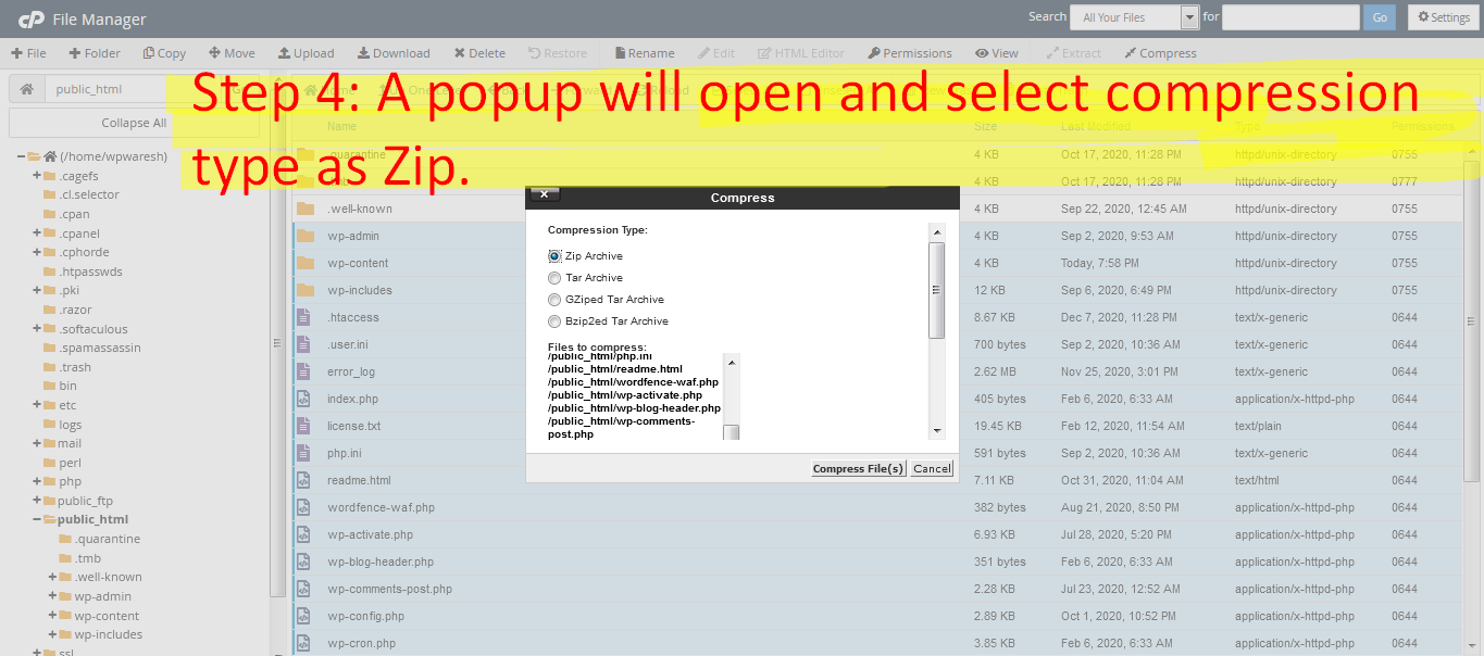 compress files in cpanel